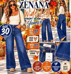 Zenana NWT High Rise Wide Leg Pintuck Front Seam Jeans Dark Wash Size 30